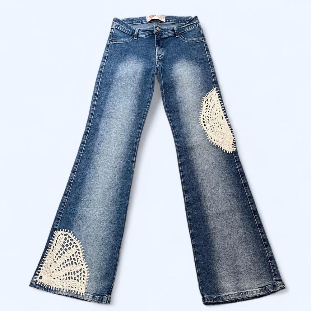 Y2K Boho Distressed Crochet Low Rise Flare Leg Jeans C9
